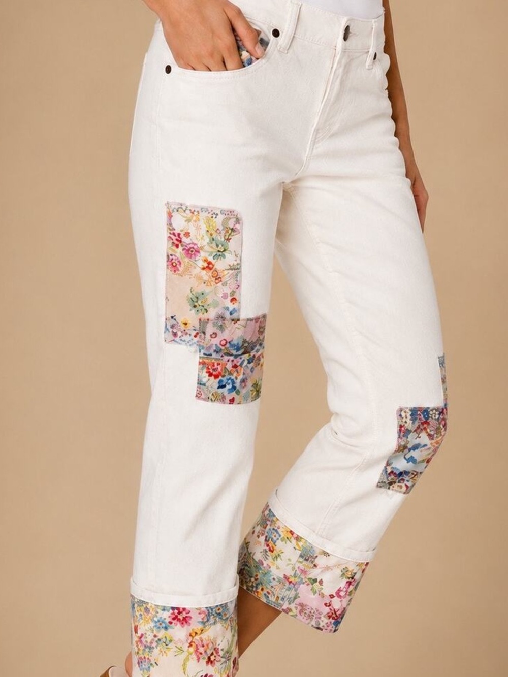 Johnny Was White Cropped Jeans with Multicolor Floral Patchwork